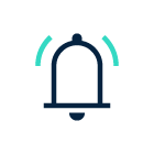Icon of a ringing bell representing automated daily alerts, with teal lines indicating notifications.